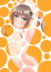 Rule 34 | 1girl, absurdres, arched back, areola slip, armpits, arms up, ass, blush, breasts, brown hair, cat hair ornament, censored, collarbone, completely nude, cowboy shot, floating hair, green eyes, grin, hair between eyes, hair ornament, highres, hololive, long hair, natsuiro matsuri, navel, nude, shiny skin, shirouzu myuuta, small breasts, smile, solo, virtual youtuber, yellow background