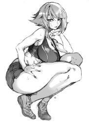 Rule 34 | 10s, 1girl, bad id, bad twitter id, bare shoulders, breasts, female focus, greyscale, hohehohe, kantai collection, large breasts, looking at viewer, monochrome, monochrome, mutsu (kancolle), short hair, short shorts, shorts, solo, squatting, tank top, thick thighs, thighs