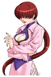 Rule 34 | 1girl, breasts, brown hair, cleavage, cleavage cutout, clothing cutout, earrings, hair over eyes, jewelry, kof neowave, large breasts, lipstick, long hair, lowres, makeup, nail polish, nakano tomokazu, official art, ponytail, purple nails, shermie (kof), snk, solo, the king of fighters, the king of fighters neowave