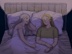 Rule 34 | 1boy, 1girl, aged down, arm pillow, bare arms, bare shoulders, bed, blonde hair, blue eyes, closed mouth, dorohedoro, dress, green shirt, grey hair, highres, ki (mxxxx), long hair, looking at another, lying, noi (dorohedoro), on back, on bed, on side, pillow, red eyes, shared blanket, shin (dorohedoro), shirt, short sleeves, sleepwear, sleeveless, sleeveless dress, smile, stitched arm, stitches, strap slip, sundress, t-shirt, talking, under covers, upper body, white dress