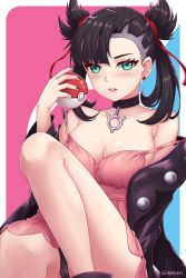 Rule 34 | 1girl, artist name, asymmetrical bangs, bare shoulders, black choker, black hair, black jacket, blue background, blush, breasts, choker, collarbone, commentary request, creatures (company), dress, earrings, game freak, green eyes, hair ribbon, hand up, highres, holding, holding poke ball, jacket, jewelry, knee up, long hair, long sleeves, looking at viewer, marnie (pokemon), medium breasts, medium hair, nintendo, open clothes, panties, pantyshot, pink background, pink dress, poke ball, poke ball (basic), pokemon, pokemon swsh, red ribbon, ribbon, seraphim throne, sitting, solo, twintails, underwear