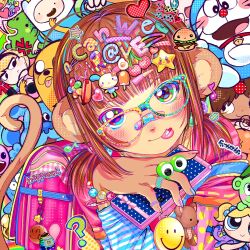 Rule 34 | 3girls, 5boys, ?, adventure time, animal ears, backpack, bag, bag charm, bandaid, bandaid on face, bandaid on nose, blooregard q kazoo, blue&#039;s clues, blue (blue&#039;s clues), brown hair, bubbles (ppg), burger, cellphone, cellphone charm, charm (object), closed mouth, doraemon, doraemon (character), english text, finn the human, food, food-themed hair ornament, foster&#039;s home for imaginary friends, glasses, gravyalloverhim, hair ornament, happy tree friends, heart, heart hair ornament, highres, holding, holding phone, jake the dog, jewelry, looking at viewer, mac (foster&#039;s), mandy (grim adventures), monkey ears, monkey girl, monkey tail, multiple boys, multiple girls, nail polish, original, phone, pill, pill on tongue, pink bag, powerpuff girls, raver, ring, short twintails, smartphone, smile, star (symbol), star hair ornament, tail, text hair ornament, the grim adventures of billy &amp; mandy, tongue, tongue out, too many hair ornaments, twintails