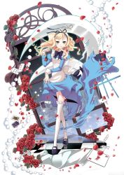 Rule 34 | alice (alice in wonderland), alice in wonderland, apron, blonde hair, card, dress, floating card, flower, green eyes, hiiro (kikokico), mary janes, original, petals, red flower, red rose, rose, rose petals, shoes, solo, thighhighs, white thighhighs, wind