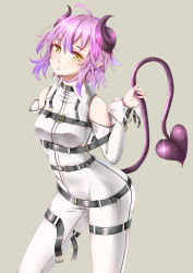 Rule 34 | 1girl, absurdres, ahoge, beige background, belt, bodysuit, clothing cutout, commentary request, demon girl, demon horns, demon tail, highres, holding tail, horns, looking at viewer, original, pink hair, pointy ears, short hair, shoulder cutout, slit pupils, solo, straitjacket, tail, yellow eyes, yu714202850