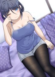 Rule 34 | 1girl, bare arms, bare shoulders, black hair, black pantyhose, blue camisole, blue eyes, blush, breasts, camisole, closed mouth, collarbone, commentary request, dutch angle, feet out of frame, fine fabric emphasis, grey shorts, gurande (g-size), hair between eyes, hand up, highres, large breasts, pantyhose under shorts, long hair, narumiya inori, one eye closed, original, pantyhose, pillow, polka dot, rubbing eyes, short shorts, shorts, sitting, solo, strap slip