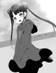 Rule 34 | 10s, 1girl, :o, aoki hagane no arpeggio, blush, character name, greyscale, hair ornament, hood, hooded jacket, jacket, komone ushio, monochrome, open mouth, pantyhose, personification, solo, twintails, zuikaku (aoki hagane no arpeggio)