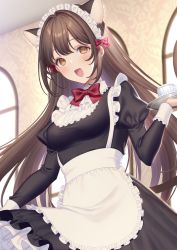 Rule 34 | 1girl, :d, animal ears, apron, black dress, blush, bow, bowtie, breasts, brown hair, cat ears, cat girl, cat tail, commentary request, cup, dress, extra ears, frilled apron, frilled dress, frilled shirt collar, frills, hair bow, highres, holding, holding tray, indoors, juliet sleeves, long hair, long sleeves, looking at viewer, maid headdress, medium breasts, open mouth, orange eyes, original, puffy sleeves, red bow, red bowtie, sakura shiho, smile, solo, straight hair, tail, tray, very long hair, white apron