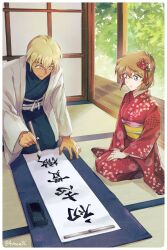 Rule 34 | 1boy, 1girl, amuro tooru, astrayin, black kimono, blonde hair, brown hair, closed mouth, commentary request, day, grey jacket, highres, holding, holding brush, indoors, jacket, japanese clothes, kimono, kneeling, meitantei conan, miyano shiho, obi, open clothes, open jacket, own hands together, plant, print kimono, red kimono, sash, seiza, short hair, sitting, smile, sunlight, translation request, wide sleeves, writing