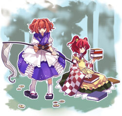 Rule 34 | 2girls, absurdres, apron, bell, blue kimono, book, book stack, checkered clothes, checkered kimono, closed mouth, commentary request, cosplay, flat chest, frilled kimono, frills, geta, green skirt, hair bell, hair bobbles, hair ornament, highres, holding, holding book, holding scythe, japanese clothes, kaigen 1025, kimono, long sleeves, motoori kosuzu, motoori kosuzu (cosplay), multiple girls, onozuka komachi, onozuka komachi (cosplay), open mouth, orange hair, puffy short sleeves, puffy sleeves, red eyes, red hair, scythe, short sleeves, sitting, skirt, smile, sweat, tabi, touhou, twintails, waist apron, white apron, wide sleeves, yellow kimono