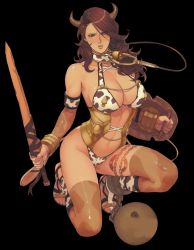Rule 34 | 10s, 1girl, absurdres, alternate costume, animal print, ball and chain restraint, battle damage, bdsm, bell, branwen (queen&#039;s blade), breasts, chipped shield, chipped sword, cleavage, collar, cow print, cracked shield, cracked sword, damaged ball and chain restraint, damaged shield, damaged sword, damaged weapon, heterochromia, highres, horns, kneeling, large breasts, leash, long hair, midriff, navel, neck bell, oda non, official art, on one knee, queen&#039;s blade, queen&#039;s blade rebellion, revealing clothes, sandals, scan, scratched sword, shield, slave, solo, sword, thighhighs, weapon