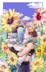 Rule 34 | 2boys, bare shoulders, battle tendency, blonde hair, blue jacket, brown hair, caesar anthonio zeppeli, facial mark, flower, green scarf, hands on another&#039;s face, headband, highres, jacket, jojo no kimyou na bouken, joseph joestar, joseph joestar (young), lifting person, male focus, multiple boys, scarf, sky kiki, striped clothes, striped scarf, sunflower, wing hair ornament