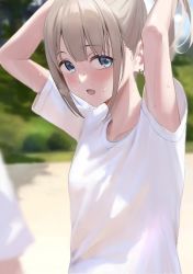Rule 34 | 1girl, :o, alternate hairstyle, aqua eyes, arms up, blurry, blush, breasts, depth of field, earrings, grey hair, highres, idolmaster, idolmaster shiny colors, jewelry, looking at viewer, nape, outdoors, ponytail, serizawa asahi, shirt, short hair, small breasts, solo, solo focus, steam, suketoudara (artist), sweatdrop, tying hair, upper body, white shirt