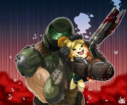 Rule 34 | &gt; &lt;, afterimage, animal crossing, armor, bayonet, biceps, blood, blood on face, bloody weapon, censored, censored violence, crossover, dog girl, doom (series), doomguy, gun, headpat, helmet, highres, isabelle (animal crossing), jmg, jojo no kimyou na bouken, looking at viewer, mosaic censoring, motion blur, nintendo, open mouth, scene reference, shotgun, skirt, smile, tail, tail wagging, veins, vento aureo, weapon