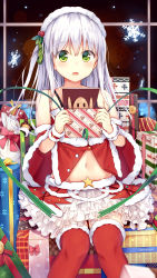 Rule 34 | 1girl, absurdres, blush, christmas, fur-trimmed legwear, fur trim, gift, green eyes, grey hair, hands up, hat, highres, holding, holding gift, knees together feet apart, long hair, navel, one side up, open mouth, original, peeking out, petticoat, red skirt, red thighhighs, santa costume, santa hat, signature, sitting, skirt, snowflakes, solo, star (symbol), thighhighs, tsuchikure, twitter username, white hair, window