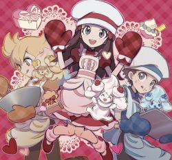 Rule 34 | 1girl, 2boys, :d, alcremie, alcremie (strawberry sweet), apron, barry (pokemon), blonde hair, blue shirt, bowl, box, brown hair, brown pants, brown shirt, chef hat, chinese commentary, commentary request, cooking, creatures (company), dawn (palentine&#039;s 2021) (pokemon), dawn (pokemon), dress, game freak, gen 8 pokemon, hands up, hat, heart, heart-shaped box, holding, holding bowl, huan li, knees together feet apart, leg warmers, lucas (pokemon), mittens, multiple boys, nintendo, official alternate costume, open mouth, oven mitts, pants, pokemon, pokemon dppt, pokemon masters ex, red dress, red footwear, red mittens, shirt, shoes, short hair, short sleeves, smile, w arms, white headwear