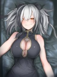 Rule 34 | 1girl, absurdres, animal ears, arknights, bed, bedroom, black hair, blush, breasts, censored, china dress, chinese clothes, cleavage cutout, clothing cutout, dress, feater (arknights), gomio (bb-k), grey hair, hair between eyes, hetero, highres, looking at viewer, lying, mosaic censoring, multicolored hair, on back, orange eyes, panda ears, pillow, smile, solo, streaked hair
