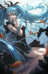 Rule 34 | 1girl, absurdres, air bubble, aqua eyes, bare shoulders, barefoot, black dress, black ribbon, blue hair, bubble, commentary, dress, eyebrows hidden by hair, fish, floating hair, foot out of frame, full body, hair between eyes, hair ribbon, hand to own mouth, hatsune miku, highres, holding, holding own hair, long hair, looking at viewer, ribbon, shinkai shoujo (vocaloid), solo, tearing up, twintails, underwater, very long hair, vocaloid, ye jji