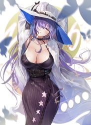 Rule 34 | 1girl, animal print, arms up, belt, blue hair, blurry, breasts, butterfly print, choker, cleavage, depth of field, dress, girls&#039; frontline, ha9na, hair over one eye, hat, head tilt, highres, jacket, large breasts, long hair, red eyes, solo, star (symbol), star print, white hat, zb-26 (girls&#039; frontline), zipper