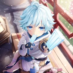 Rule 34 | 1boy, artist name, bench, blue hair, child, chongyun (genshin impact), fingerless gloves, food, food in mouth, from above, genshin impact, gloves, grass, half-closed eyes, hanapen, highres, ice cream, long sleeves, looking at viewer, popsicle, reaching, reaching towards viewer, sitting, wide sleeves