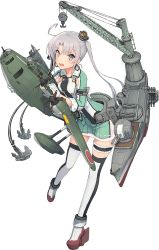 Rule 34 | 1girl, ahoge, aircraft, airplane, akitsushima (kancolle), anchor, crane (machine), double-breasted, earrings, flying boat, full body, h8k, hat, headgear, jewelry, kantai collection, bridal garter, looking at viewer, machinery, military, military uniform, mini hat, miniskirt, nishikitaitei-chan, official art, open mouth, remodel (kantai collection), seaplane, shizuma yoshinori, side ponytail, grey eyes, silver hair, skirt, solo, thigh strap, thighhighs, transparent background, turret, uniform, zettai ryouiki