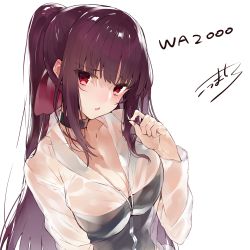 Rule 34 | 1girl, absurdres, black one-piece swimsuit, blush, breasts, character name, choker, cleavage, competition swimsuit, girls&#039; frontline, hair ribbon, twirling hair, highres, kou mashiro, looking at viewer, official alternate costume, one-piece swimsuit, ponytail, purple hair, red eyes, ribbon, see-through, simple background, swimsuit, swimsuit under clothes, wa2000 (girls&#039; frontline), wa2000 (op. manta ray) (girls&#039; frontline), white background