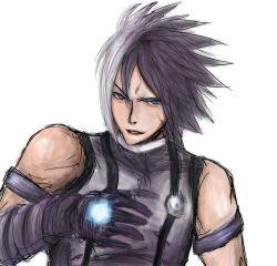 Rule 34 | 1boy, armlet, black gloves, black hair, gloves, looking at viewer, lowres, male focus, multicolored hair, nameless, nameless (kof), simple background, sleeveless, snk, solo, split-color hair, the king of fighters, two-tone hair, vest, white background, white hair