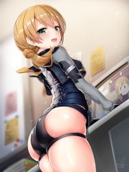 Rule 34 | 1girl, :d, alice gear aegis, arched back, ass, bare hips, black gloves, black shorts, blurry, blush, book, breasts, commentary request, crop top, depth of field, desk, doyouwantto, from side, gloves, green eyes, hair between eyes, hip vent, indoors, kotomura akane, long sleeves, looking at viewer, looking to the side, low twintails, monitor, note, open mouth, shiny skin, shorts, signature, skindentation, small breasts, smile, solo, spine, thighs, twintails, whiteboard