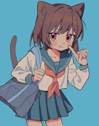 Rule 34 | 1girl, animal ears, bag, blue background, blue sky, blush, brown hair, cat ears, cat girl, cat tail, duffel bag, highres, index finger raised, long sleeves, looking at viewer, neckerchief, orange eyes, orange neckerchief, original, pleated skirt, school uniform, short hair, simple background, skirt, sky, smile, solo, tail, tongue, tongue out, umipi