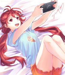 Rule 34 | 10s, 1girl, :d, arms up, beatless, bed sheet, blue shirt, breasts, endou yuka, food print, hair between eyes, holding, long hair, lying, mikanchii, on back, open mouth, orange shorts, print shirt, red eyes, red hair, shirt, short shorts, short sleeves, shorts, sketch, small breasts, smile, solo, very long hair