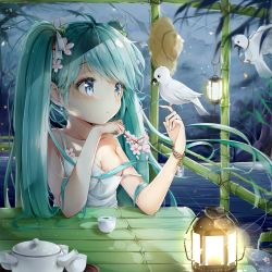 Rule 34 | 1girl, absurdres, animal, aqua eyes, aqua hair, bad id, bad pixiv id, bamboo, bare arms, bare shoulders, bird, breasts, cleavage, collarbone, commentary request, dress, flower, green hair, hair flower, hair ornament, hat, hatsune miku, highres, lamp, long hair, medium breasts, outdoors, pedo0201, solo, straw hat, table, twintails, very long hair, vocaloid, water, white bird, white dress, white flower