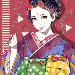 Rule 34 | 1girl, bad id, bad pixiv id, black hair, clothing request, gradient eyes, green eyes, halftone, horns, leaf, lips, looking at viewer, mouba (onmyoji), multicolored eyes, onmyoji, purple eyes, qizhu, smile, solo, triangle