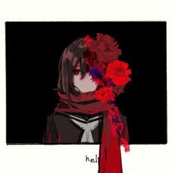 Rule 34 | 1girl, ambiguous red liquid, black background, black sailor collar, black serafuku, brown hair, commentary, dark background, english text, enpera, expressionless, flower, framed, hair between eyes, kagerou project, looking at viewer, neckerchief, no mouth, no nose, one eye covered, portrait, red eyes, red flower, red scarf, sailor collar, scarf, school uniform, serafuku, simple background, single stripe, solo, straight-on, tateyama ayano, two-tone background, white background, white neckerchief, white stripes, z aqnn