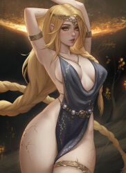 Rule 34 | 1girl, armlet, arms behind head, bare shoulders, black dress, blonde hair, bootybear, breasts, broken skin, cracked skin, dress, elden ring, gold belt, gold circlet, highres, jewelry, large breasts, lips, long hair, looking at viewer, metal belt, necklace, no panties, plunging neckline, queen marika the eternal, sleeveless, sleeveless dress, solo, thighlet, very long hair, yellow eyes