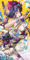 1girl :q absurdres bare_shoulders beads bikini blue_eyes bracelet breasts cleavage dual_wielding fate/grand_order fate_(series) floral_print from_side goggles goggles_on_head hair_ornament highres holding holding_sword holding_weapon jewelry katana katsushika_hokusai_(fate) katsushika_hokusai_(swimsuit_saber)_(fate) long_hair looking_at_viewer medium_breasts octopus purple_hair smile swimsuit sword thigh_strap tokitarou_(fate) tongue tongue_out twintails waves weapon white_bikini yellow_background z3zz4