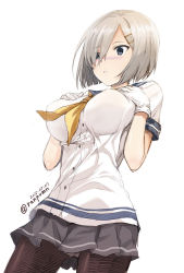 Rule 34 | 10s, 1girl, blue eyes, blush, breasts, cowboy shot, dated, eyes visible through hair, female focus, grey skirt, hair ornament, hair over one eye, hairclip, hamakaze (kancolle), hands on own chest, kantai collection, large breasts, neckerchief, pantyhose, parted lips, pleated skirt, sailor collar, school uniform, serafuku, short hair, silver hair, simple background, sketch, skirt, solo, tomozo kaoru, twitter username, white background, yellow neckerchief