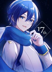 Rule 34 | 1boy, absurdres, birthday, black sky, blue eyes, blue hair, blue nails, blue outline, blue scarf, coat, dated, headset, highres, kaito (vocaloid), looking at viewer, male focus, multicolored coat, nail polish, night, open mouth, outline, scarf, see-through, short hair, sky, smile, star (sky), teneko02, vocaloid