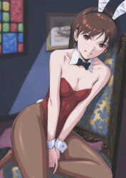 Rule 34 | 1girl, absurdres, animal ears, bare shoulders, breasts, brown eyes, brown hair, chair, cleavage, collarbone, commentary, detached collar, fake animal ears, fake tail, hair ornament, highleg, highleg leotard, highres, indoors, kasugano sakura, leotard, light smile, lips, looking at viewer, pantyhose, parted lips, playboy bunny, rabbit ears, rabbit tail, red leotard, shiny clothes, short hair, sitting, small breasts, solo, strapless, strapless leotard, street fighter, street fighter zero (series), tail, tyanoki, wrist cuffs