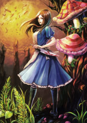 Rule 34 | 1girl, alice: madness returns, alice (alice in wonderland), alice in wonderland, alice liddell (american mcgee&#039;s alice), american mcgee&#039;s alice, apron, blood, breasts, brown hair, closed mouth, dress, green eyes, jewelry, jupiter symbol, knife, long hair, looking at viewer, medium breasts, natsume k, necklace, solo, standing