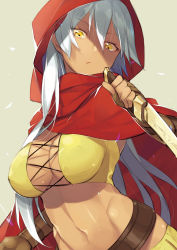 Rule 34 | 1girl, abs, bad id, bad pixiv id, breasts, brown gloves, cecily (sennen sensou aigis), cleavage, cloak, covered erect nipples, dagger, dark-skinned female, dark skin, fingerless gloves, gloves, highres, hood, katou itsuwa, knife, large breasts, long hair, looking at viewer, navel, sennen sensou aigis, solo, standing, toned, upper body, weapon, white hair, yellow eyes