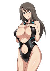Rule 34 | 10s, 1girl, black one-piece swimsuit, breasts, brown eyes, brown hair, cleavage cutout, closed mouth, clothing cutout, cowboy shot, girls und panzer, hands on own chest, hifumi hajime, large breasts, light smile, long hair, looking at viewer, matching hair/eyes, mika (girls und panzer), navel, navel cutout, no headwear, one-piece swimsuit, simple background, solo, standing, swimsuit, white background