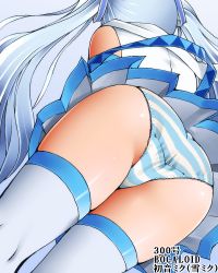 Rule 34 | 1girl, ass, bare shoulders, blue hair, cover, dr rex, facing away, fake cover, hair ornament, hatsune miku, long hair, panties, pleated skirt, shirt, skirt, sleeveless, sleeveless shirt, solo, striped clothes, striped panties, thighhighs, translation request, twintails, underwear, very long hair, vocaloid, white shirt, white skirt, white thighhighs, yuki miku