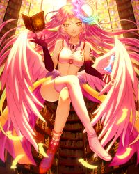 Rule 34 | 1girl, angel wings, asymmetrical legwear, book, bookshelf, breasts, bridal gauntlets, chess piece, cleavage, closed mouth, spiked halo, crop top, cross, crossed legs, feathered wings, feathers, gloves, gradient hair, halo, instagram username, jibril (no game no life), kimichan, large breasts, long hair, looking at viewer, low wings, magic circle, midriff, mismatched legwear, multicolored eyes, multicolored hair, no game no life, orange eyes, pink hair, queen (chess), shoes, sideboob, single shoe, smile, solo, symbol-shaped pupils, tattoo, very long hair, white wings, wing ears, wings, yellow eyes
