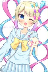 Rule 34 | 1girl, :3, ;d, blonde hair, blue bow, blue eyes, blue hair, blue nails, blue shirt, blue skirt, blush, bow, chouzetsusaikawa tenshi-chan, commentary request, hair bow, hair ornament, heart, heart hair ornament, highres, long hair, long sleeves, looking at viewer, multicolored hair, multicolored nails, needy girl overdose, one eye closed, open mouth, outstretched arm, pi the man, pink bow, pink hair, pink nails, pleated skirt, purple bow, quad tails, sailor collar, school uniform, serafuku, shirt, skirt, smile, solo, twintails, twitter username, v, very long hair, white background, yellow bow, yellow nails