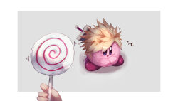 Rule 34 | absurdres, blonde hair, buster sword, cloud strife, cloud strife (cosplay), cosplay, crossed arms, crossover, final fantasy, final fantasy vii, highres, invincible candy, kirby, kirby (series), looking at object, nintendo, saliva, shiburingaru, super smash bros., sweat