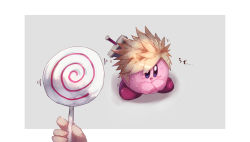 absurdres blonde_hair buster_sword cloud_strife cloud_strife_(cosplay) cosplay crossed_arms crossover final_fantasy final_fantasy_vii highres invincible_candy kirby kirby_(series) looking_at_object nintendo saliva shiburingaru super_smash_bros. sweat