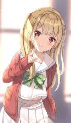 Rule 34 | 1girl, blonde hair, blurry, blurry background, blush, bow, closed mouth, commentary request, commission, depth of field, green bow, hand up, jacket, keiran (ryo170), leaning forward, long hair, long sleeves, looking at viewer, open clothes, open jacket, original, pixiv commission, pleated skirt, red eyes, red jacket, sailor collar, school uniform, serafuku, shirt, skirt, sleeves past wrists, smile, solo, two side up, white sailor collar, white shirt, white skirt