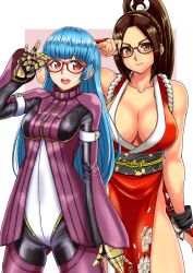 Rule 34 | 2girls, absurdres, adjusting eyewear, bare shoulders, breasts, closed mouth, collarbone, commentary request, dead or alive, dead or alive 6, fatal fury, floral print, glasses, gloves, hair ornament, highres, hiroyama (hpzg5374), japanese clothes, kula diamond, large breasts, lips, long hair, long sleeves, looking at viewer, multiple girls, ninja, obi, open mouth, ponytail, red-framed eyewear, revealing clothes, rope, sash, shiranui mai, simple background, sleeveless, small breasts, smile, the king of fighters, thighs, turtleneck
