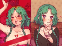 Rule 34 | 1girl, bare shoulders, black shirt, blood, blood on face, blush, braid, breasts, choker, cleavage, collarbone, fate/grand order, fate (series), green hair, heart, heart-shaped pupils, highres, large breasts, long sleeves, mitsurugi sugar, multiple views, open mouth, parted bangs, parted lips, purple eyes, red ribbon, ribbon, salome (fate), shirt, short hair with long locks, sidelocks, skull, symbol-shaped pupils, tongue, tongue out, twin braids, watch, wristwatch