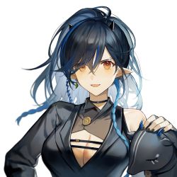 Rule 34 | 1girl, :d, arknights, asymmetrical clothes, black choker, black hair, black nails, blacknight (arknights), blue hair, blush, braid, breasts, choker, cleavage, cleavage cutout, clothing cutout, creature, earrings, highres, horns, jewelry, long hair, medium breasts, mole, mole above eye, multicolored hair, nail polish, open mouth, orange eyes, pointy ears, qinglai haiji, side braid, simple background, single bare shoulder, single earring, smile, solo, two-tone hair, upper body, v-shaped eyebrows, white background