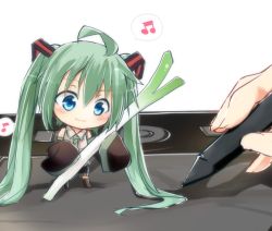 Rule 34 | 1girl, ahoge, blue eyes, chibi, detached sleeves, drawing tablet, green hair, hatsune miku, long hair, necktie, skirt, sleeves past wrists, spring onion, tosura-ayato, twintails, very long hair, vocaloid